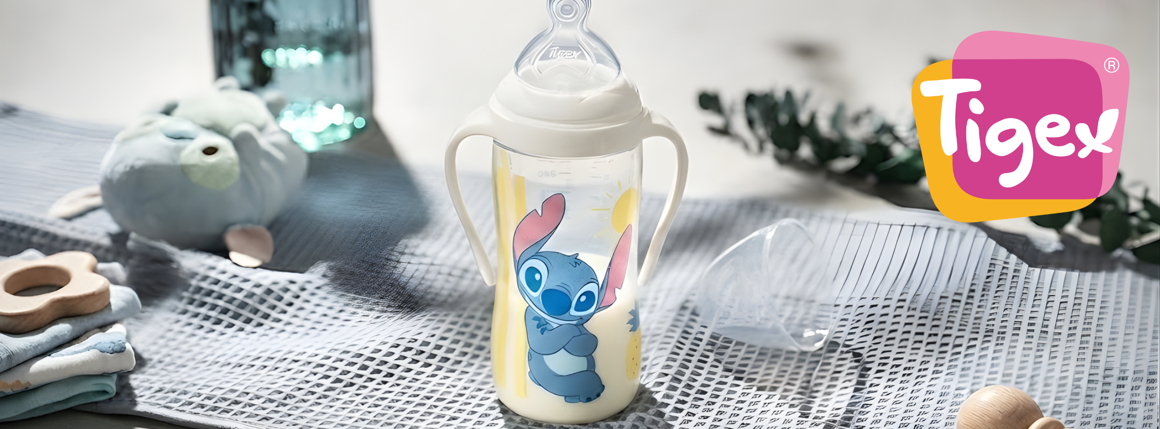 Baby Test Biberon Tétine Plate Stitch à poignées amovibles Tigex