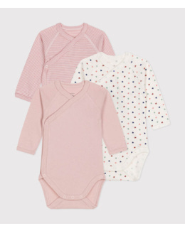 Lot de 3 bodies croisés manches longues en coton bébé rose petit coeur
