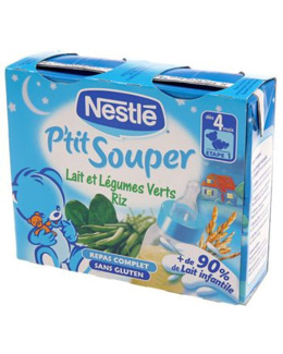 P'tit souper céréales lactées : lait, légumes verts et riz