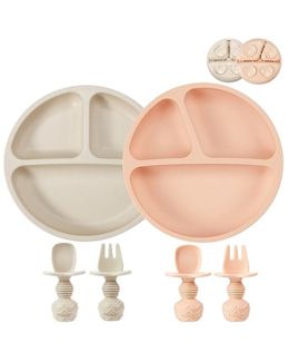 Lot de 2 assiettes à ventouse en silicone avec compartiments, 2 cuillères et 2 fourchettes