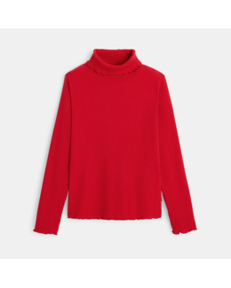 T-shirt col roulé côtelé uni rouge fille