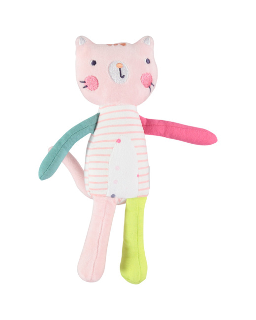 Chat en peluche à rayures et détails brodés