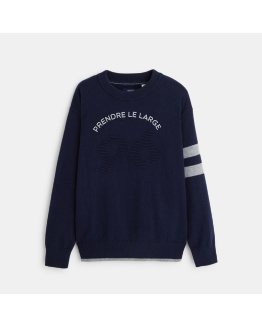 Pull col rond à message "prendre le large" bleu garçon
