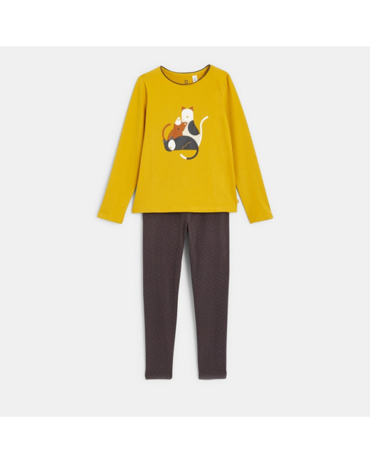 Pyjama 2 pièces en jersey motif chat jaune fille