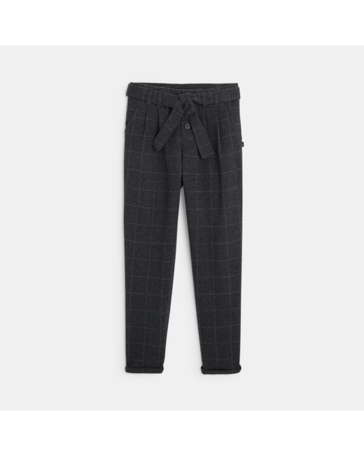 Pantalon à pinces ceinturé à carreaux gris fille
