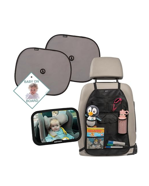 Pack naissance: Miroir 360°, Organisateur XL, Pare-soleil UV, Sticker "Bébé à bord"