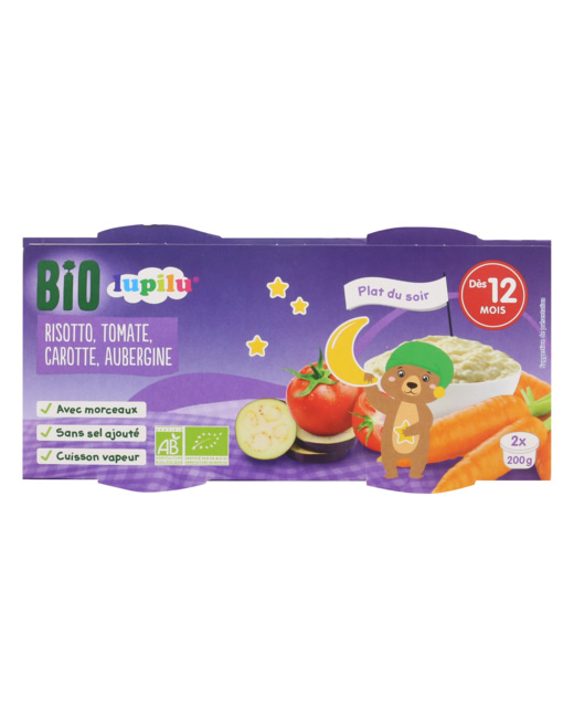 Coupelle 12 mois nuit Bio - Risotto, tomate, carotte, aubergine