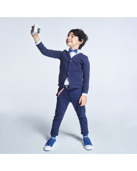 Pantalon en toile stretch + ceinture bleu garçon