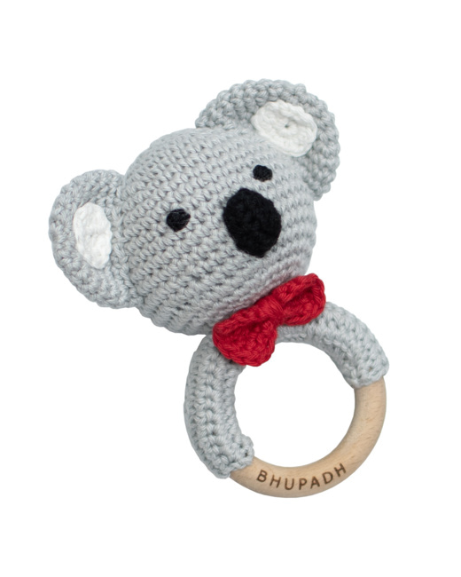 Hochet en coton tricot et bois naturel