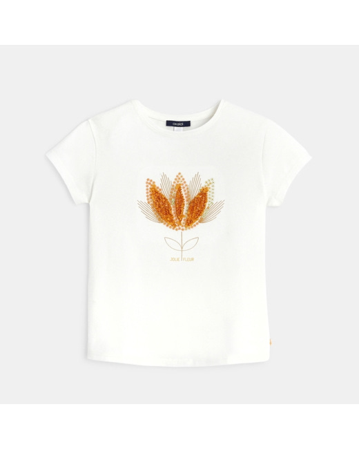 T-shirt manches courtes fleur en sequins jaune fille