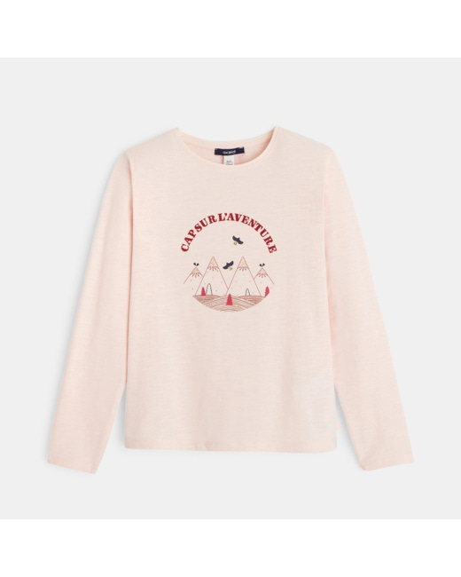 T-shirt manches longues à message rose fille