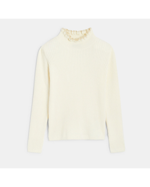 Pull côtelé col collerette blanc fille