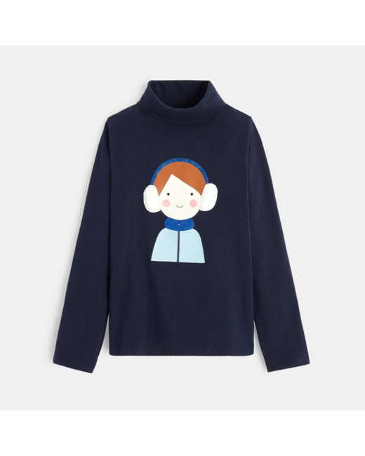 T-shirt col roulé à motif fantaisie bleu fille