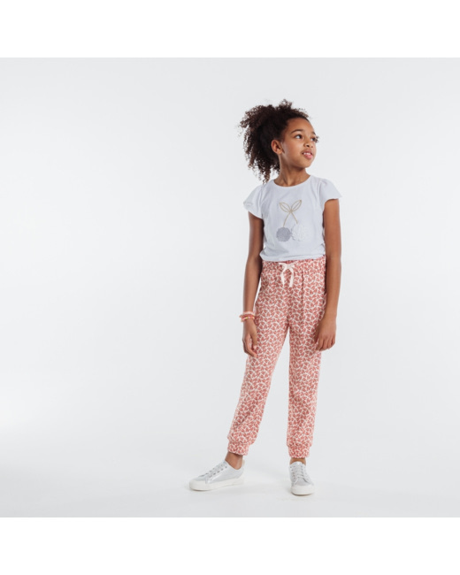 Pantalon fluide imprimé feuillages rose fille