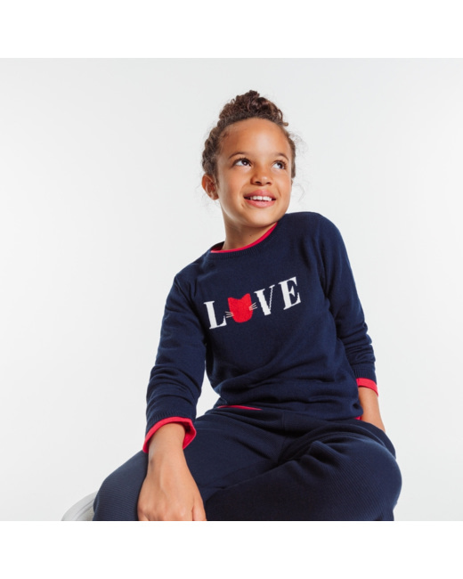 Pull en maille fine LOVE bleu fille