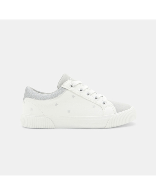 Tennis mix matières croûte de cuir et paillettes blanches fille