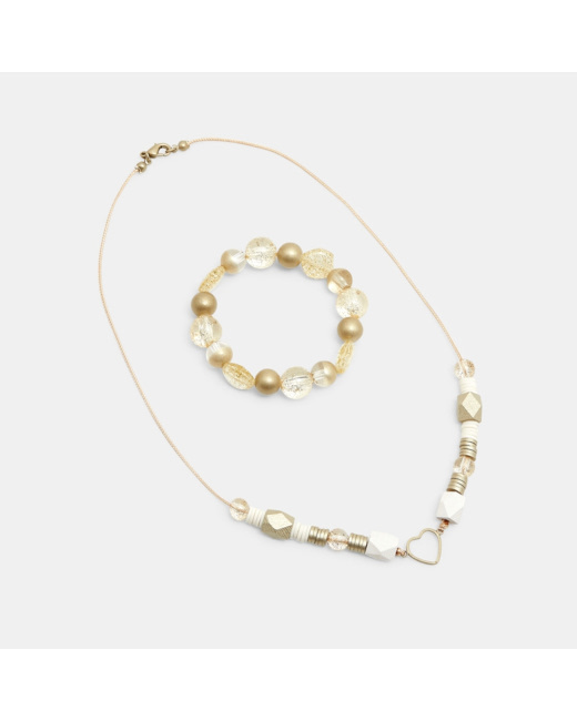 Collier cœur et bracelet perlé assortis jaune fille