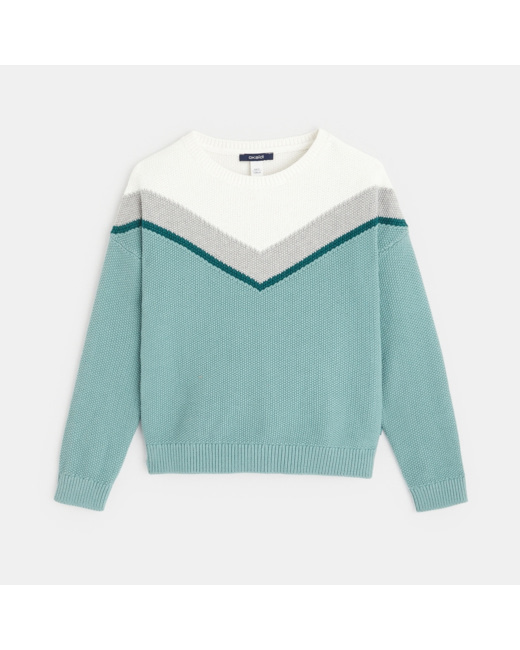 Pull jacquard col rond vert fille