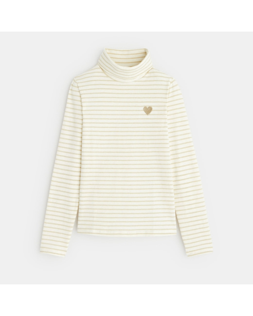 T-shirt col roulé avec broderie cœur blanc fille