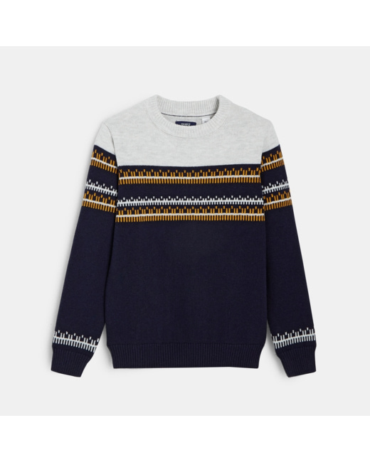 Pull jacquard col rond bleu garçon