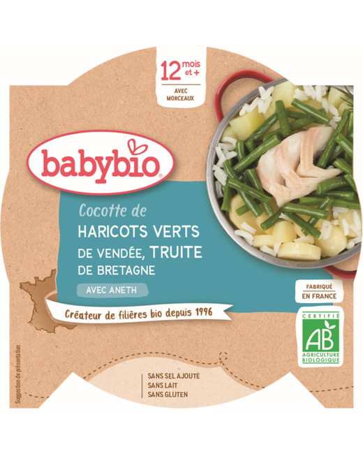 Cocotte de Haricots verts des Hauts-de-France Truite de Bretagne à l'Aneth 230 g dès 12 mois