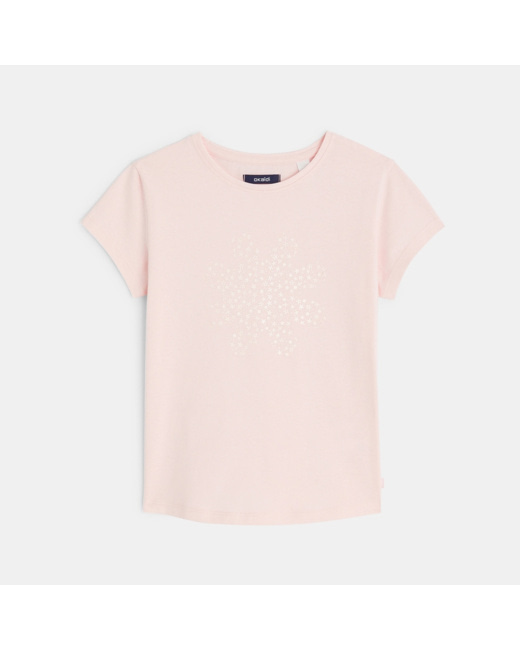 T-shirt manches courtes motif Fleur ton sur ton rose fille
