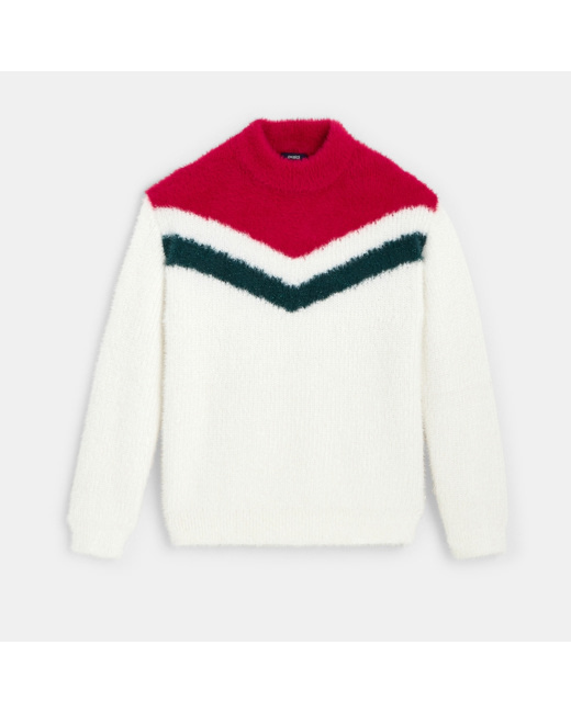 Pull fluffy à col cheminée beige fille