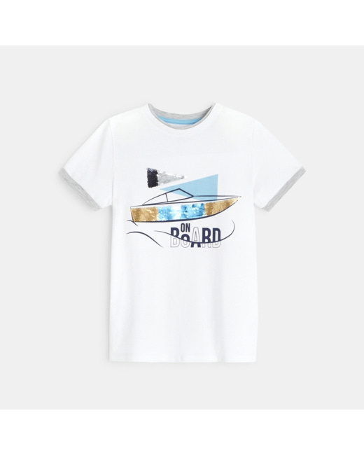 T-shirt col rond à sequins magiques blanc garçon