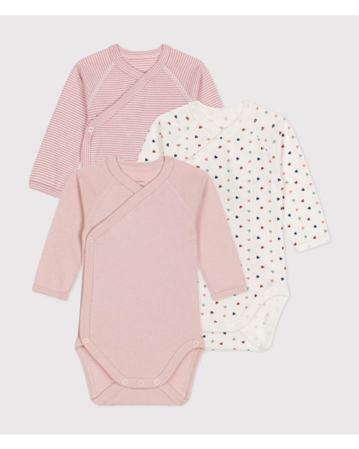 Lot de 3 bodies croisés manches longues en coton bébé rose petit coeur
