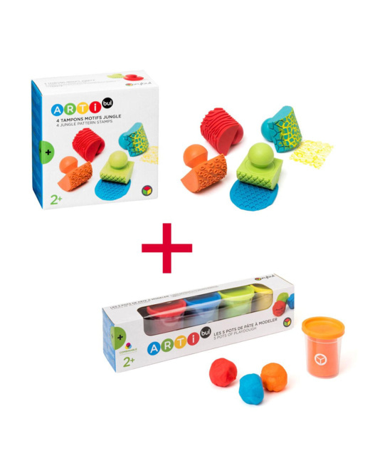 Lot 4 tampons motifs jungle et 5 pots de pâte à modeler 