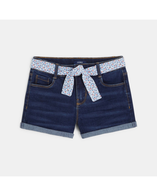 Short en jean ceinturé bleu fille