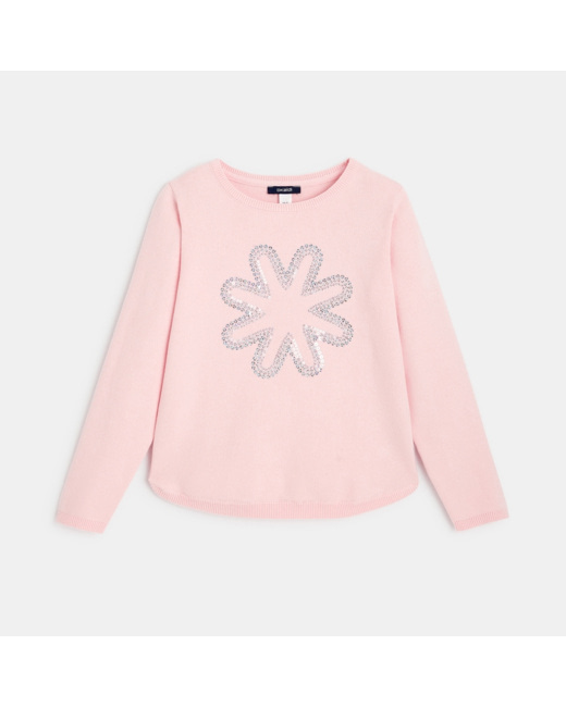 Pull fin à sequins brodés motif fleur rose fille