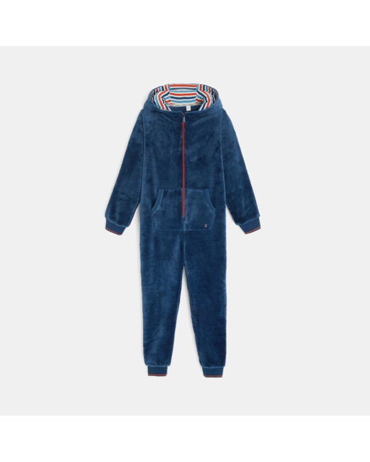 Combinaison velours à capuche bleu garçon
