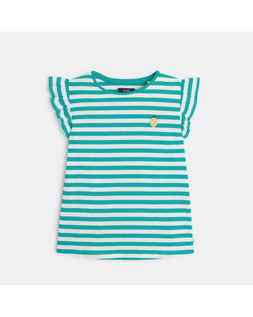 T-shirt rayé à manches volantées vert fille