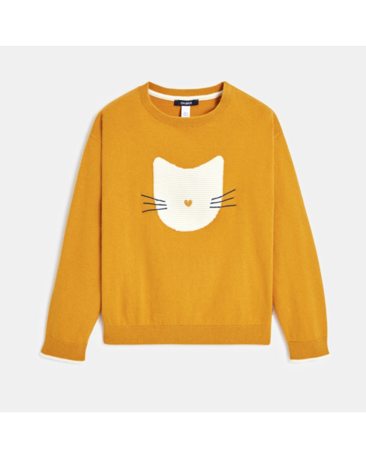 Pull en maille fine motif chaton jaune fille