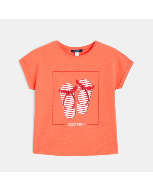 T-shirt col rond motif tong orange fille