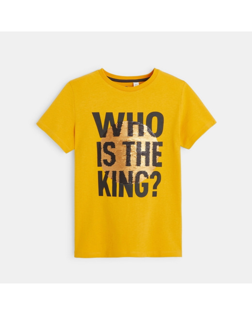 T-shirt sequins magiques message et animal jaune garçon