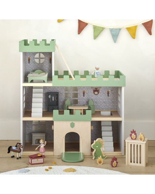 Maison De Poupée Château Fort En Bois - Figurines Et 17 Accessoires