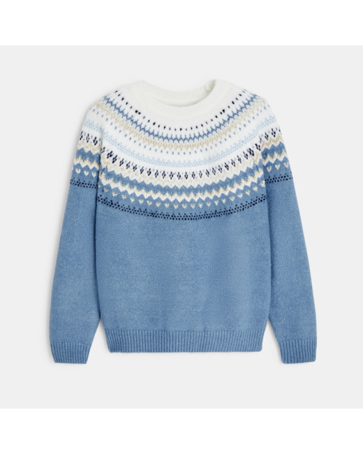 Pull jacquard col rond bleu fille