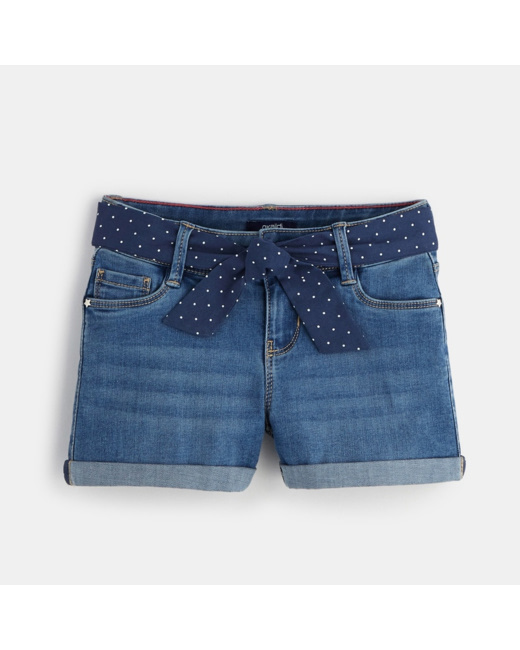 Short en jean ceinturé bleu fille