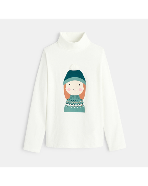 T-shirt col roulé à motif fantaisie blanc fille