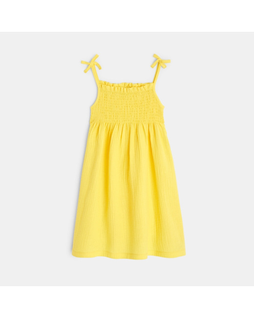 Robe à smocks unie en gaze de coton jaune fille