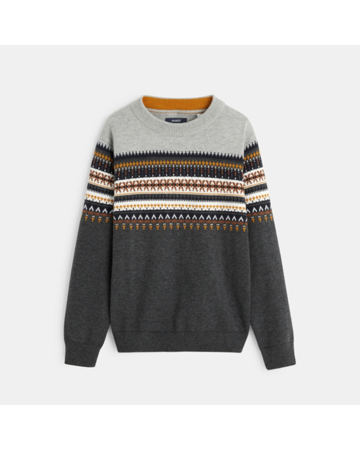 Pull col rond jacquard scandinave gris garçon