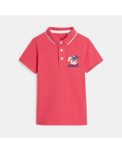 Polo en jersey piqué motif palmier rose garçon