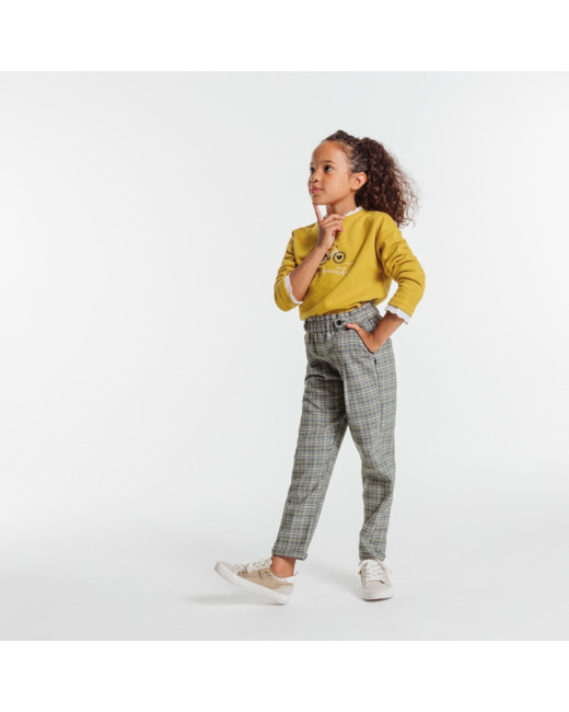 Pantalon à carreaux à taille élastiquée gris fille