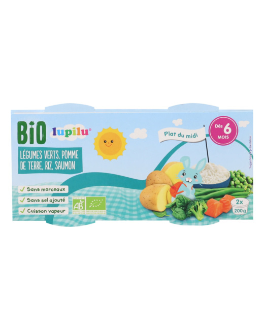 Coupelles 6 mois midi Bio - Légumes verts, pomme de terre, riz, saumon