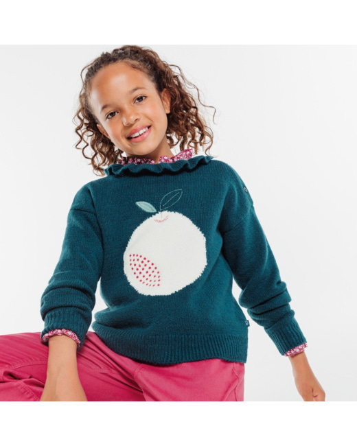 Pull col collerette motif pomme vert fille