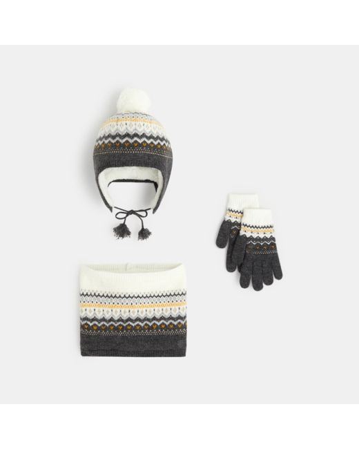 Bonnet péruvien + snood + gants gris fille