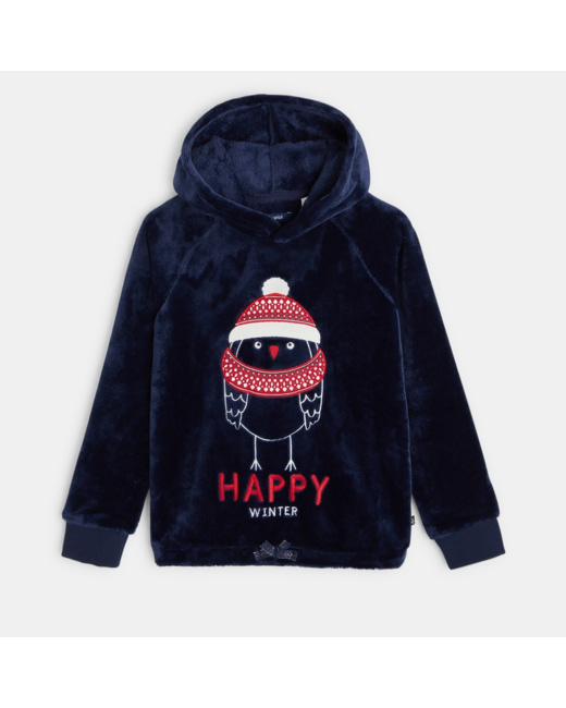 Sweat-shirt à capuche en velours motif pingouin bleu fille