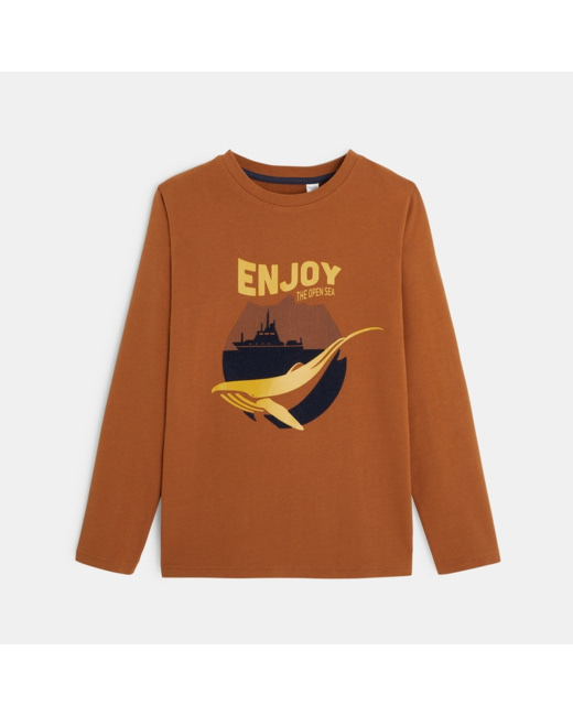 T-shirt manches longues à message et motif baleine marron garçon
